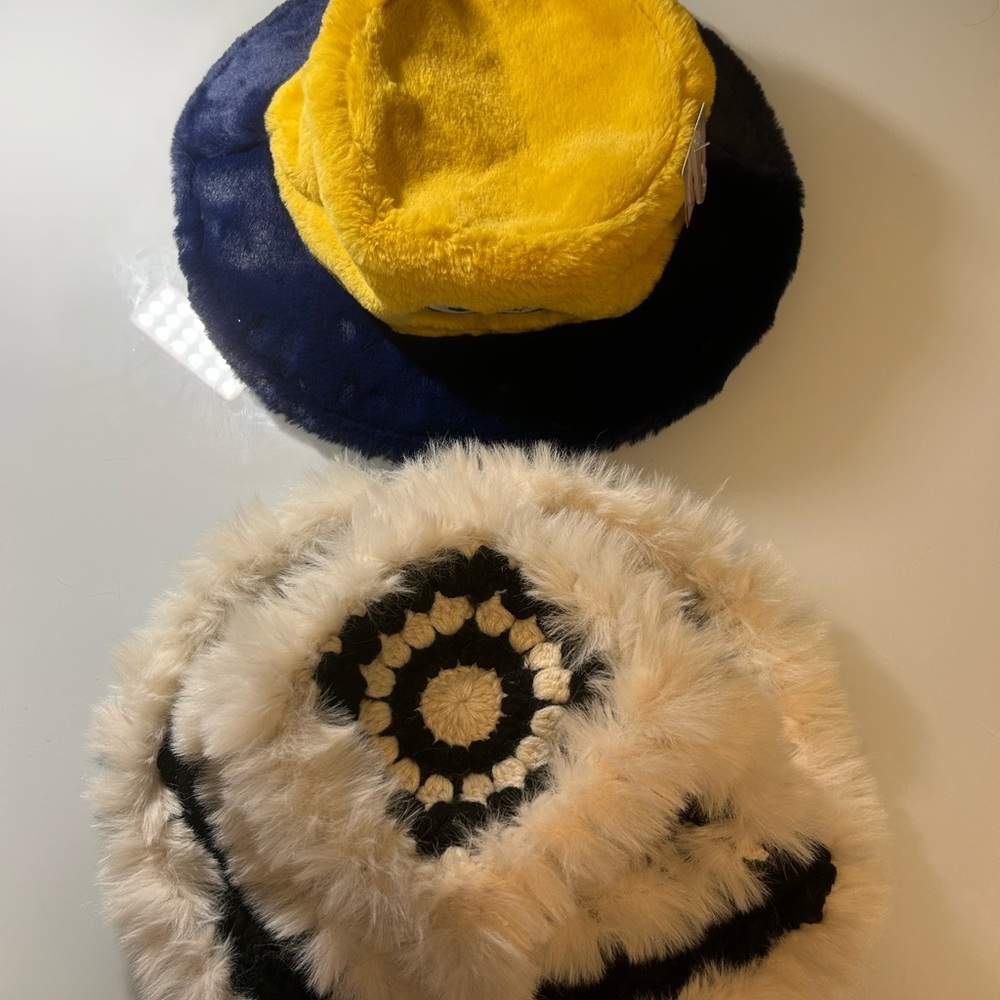 Plush Colorblock Faux-Fur Bucket Hat — Yellow, Navy, Cream & Black